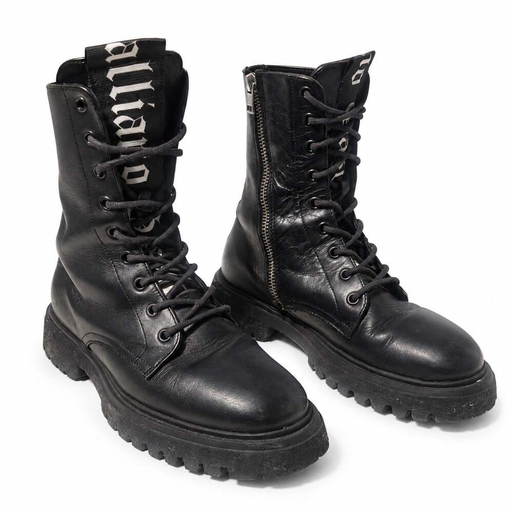 John Galliano Combat Boots Womens EU 37 Black Leather Lace Up Side Zip Lug Sole
